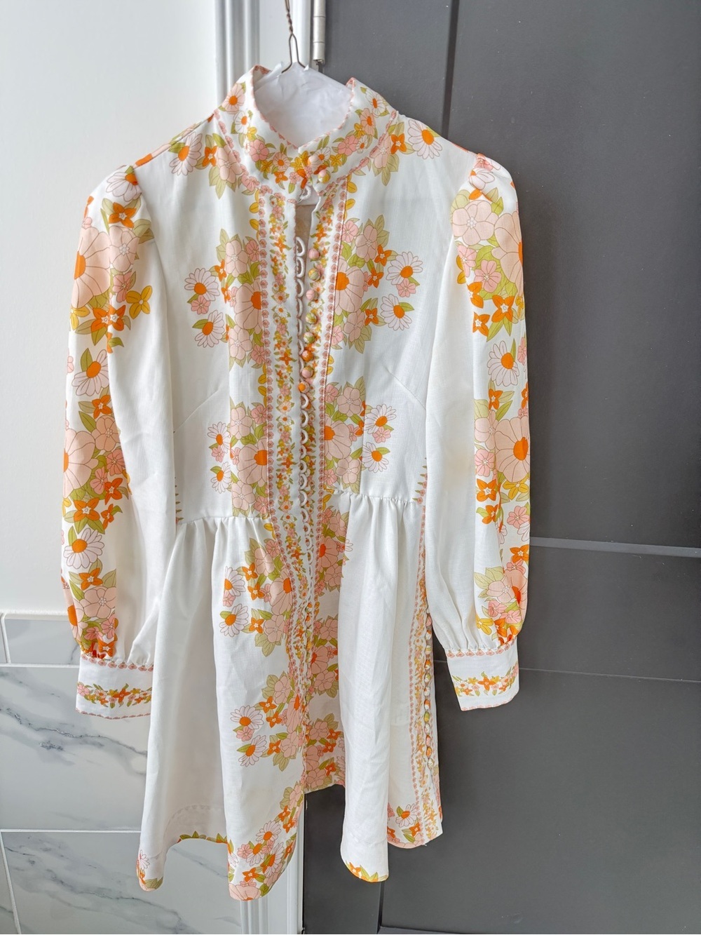 Beulah Cream Floral Button-Up Casual Mini Dress with Orange and Pink Blooms